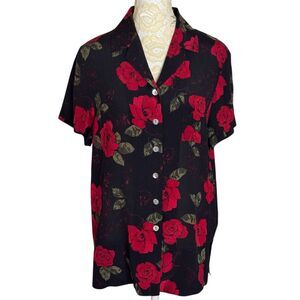 Amanda Smith Petites Silk Blouse Rose Button Front Collared Red Black PS
